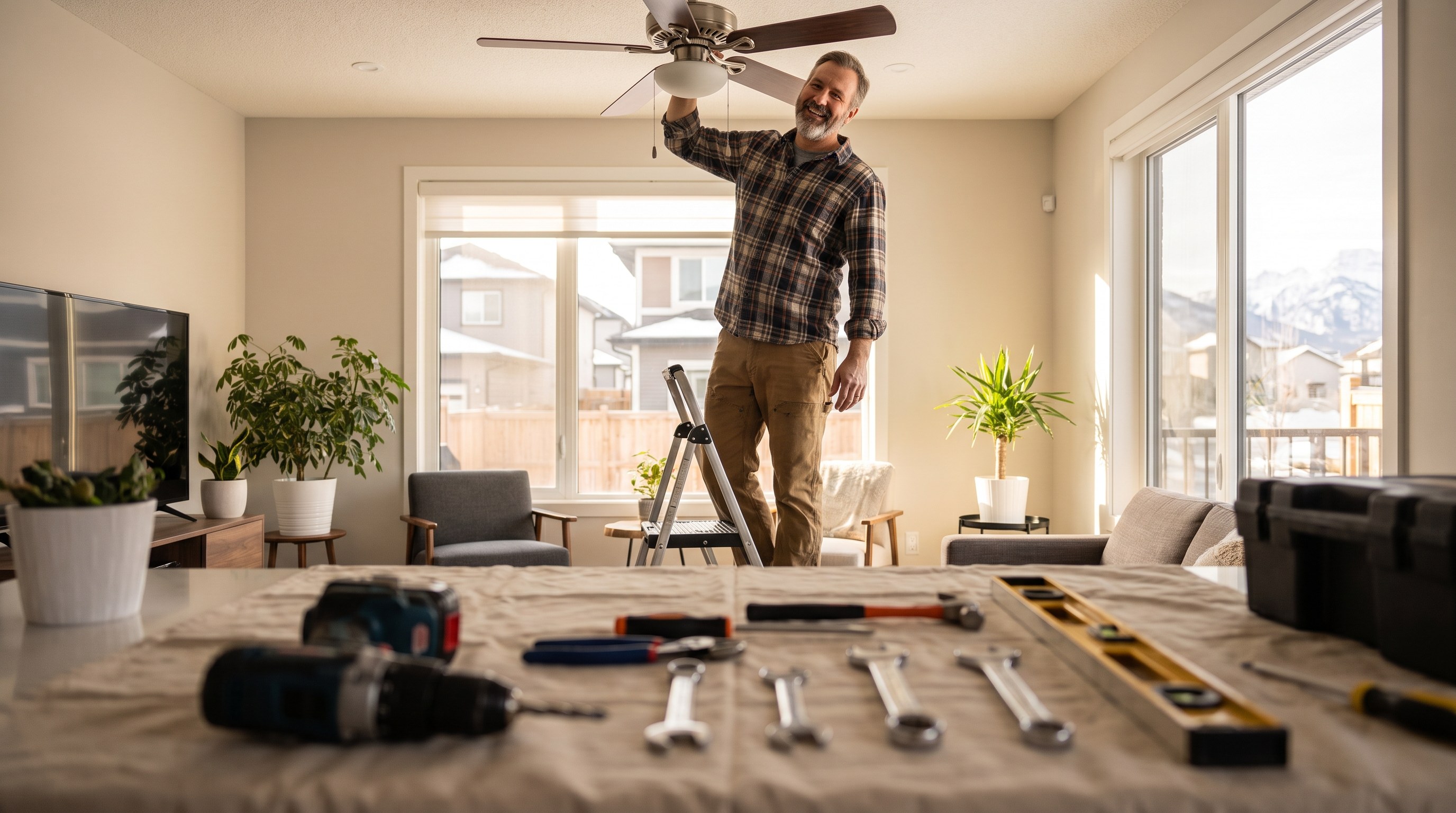 A property walk-through checklist on a clipboard, an Edmonton bungalow front yard in the background, maintenance visit atmosphere